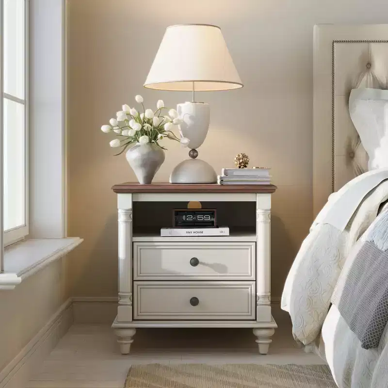 24 Farmhouse End Table with Charging Station, Square Nightstand with 4 Solid Wood Feet & 2 Drawers for Living Room, Bedroom