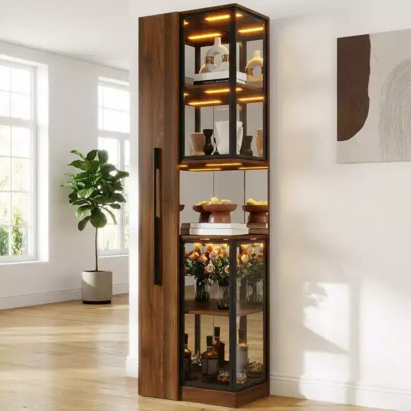 70 Tall Display Cabinet with Glass Door, 5 Tier Wood Freestanding Curio Cabinet, Display Bookshelf for Home Office