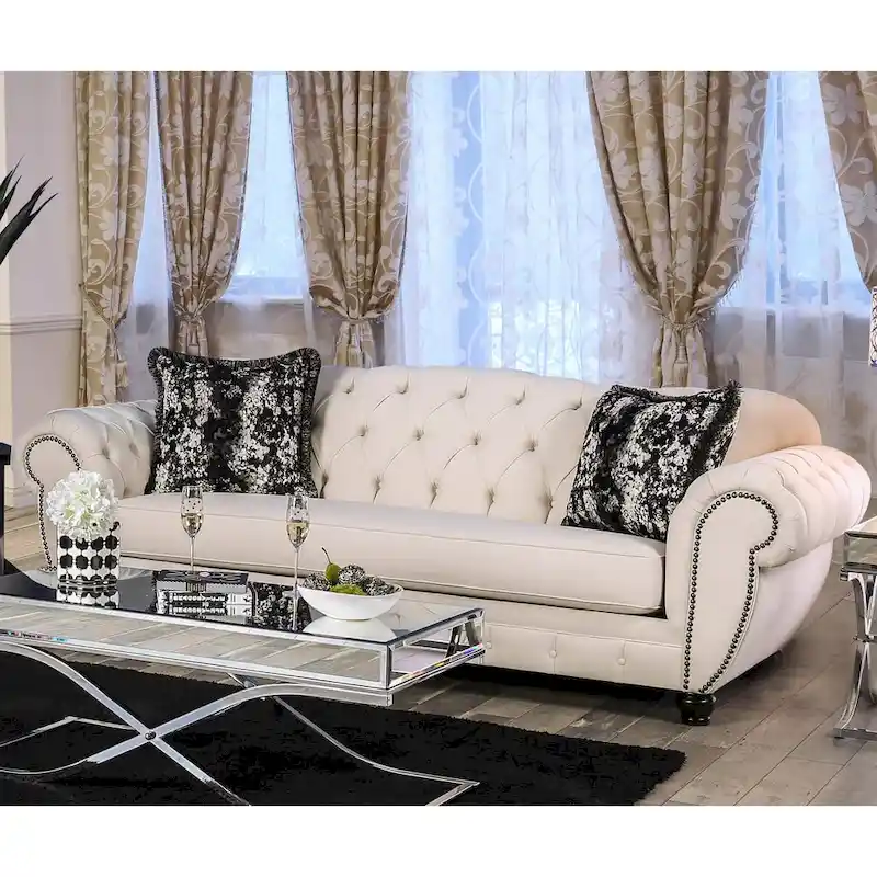 Glam Beige Fabric Upholstered Tufted Nailhead Trim Sofa