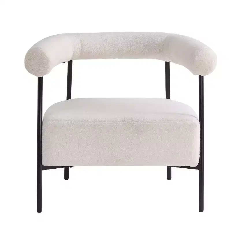 Modern Boucle Upholstered Curved Accent Chair with Metal Frame, White, 300 lbs
