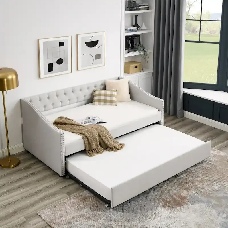 Upholstered Daybed Frame with Trundle & Tufted Backrest