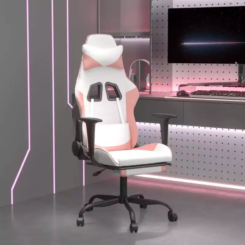 vidaXL Massage Gaming Chair with Adjustable Seat and Backrest, Features Built-in Massage Function - Filled with Foam, Covered in White & Pink