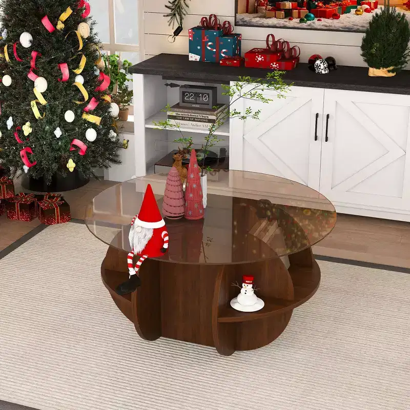 GDFStudio Cyra Farmhouse Wooden Storage Round Coffee Table with Tempered Glass Top and 4-Tier Shelves