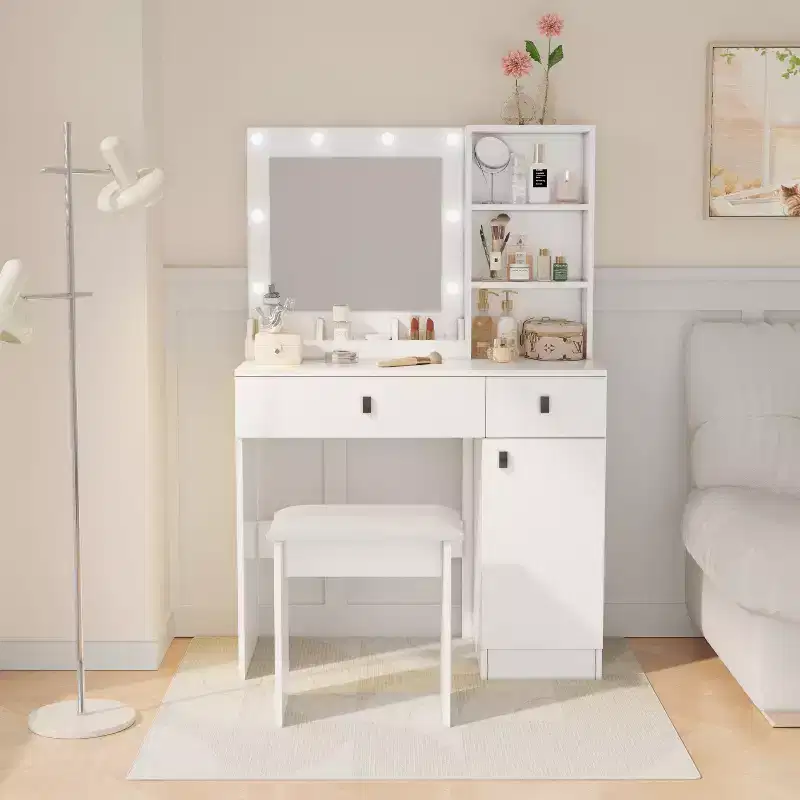 Okak Elegent Vanity Desk with 3-Mode Adjustable Mirror, Makeup Vanity with Large Drawers & Three Level Shelves, Vanity Table for Bedroom, White