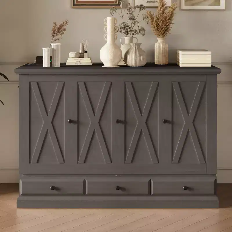 GDFStudio Nora Solid Pine Wood Murphy Bed Chest with Storage Drawer and Charging Station