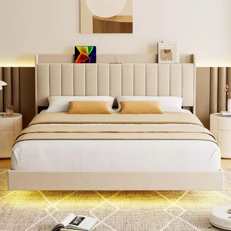 Upholstered Wood Slat Floating Platform Bed with Storage Headboard and LED Lights