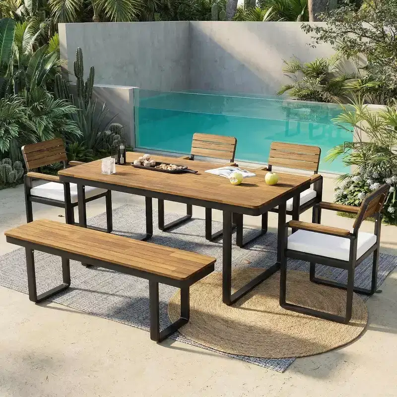 GDFStudio Elvira Patio Modern 6-Piece Acacia Wood Dining Set with Table, 4 Cushioned Chairs and Bench