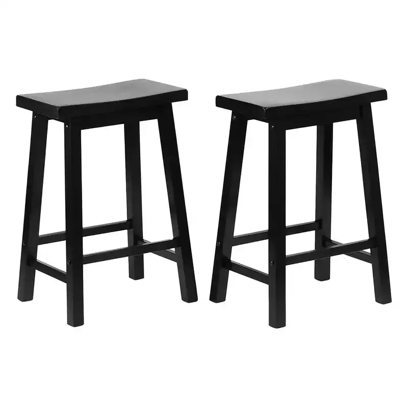 Classic Saddle-Seat 24 Tall Kitchen Counter Stools For Homes, Dining Spaces, And Bars W/Backless Seats, 4 Square Legs, Black ( )