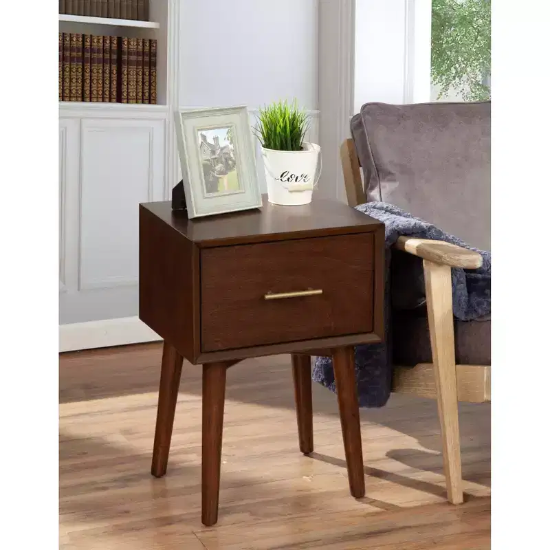 Mid-Century Modern Walnut End Table with Storage Drawer & Tapered Legs – Mahogany & Veneer