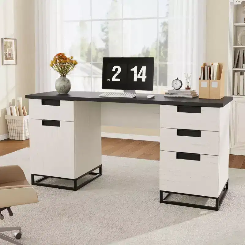 Farmhouse 59 Executive Desk, Home Office Desk with File Drawer and Storage Cabinet, Computer Desk for Work Study