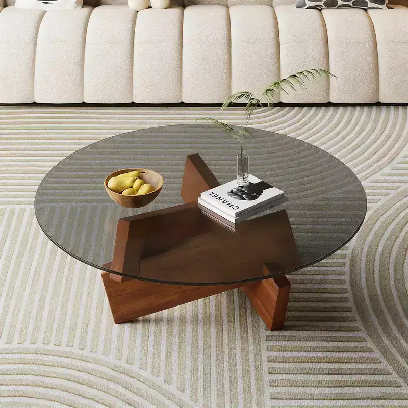 GDFStudio Norwood Modern Round Coffee Table with Tempered Glass Top and Walnut Wood Base