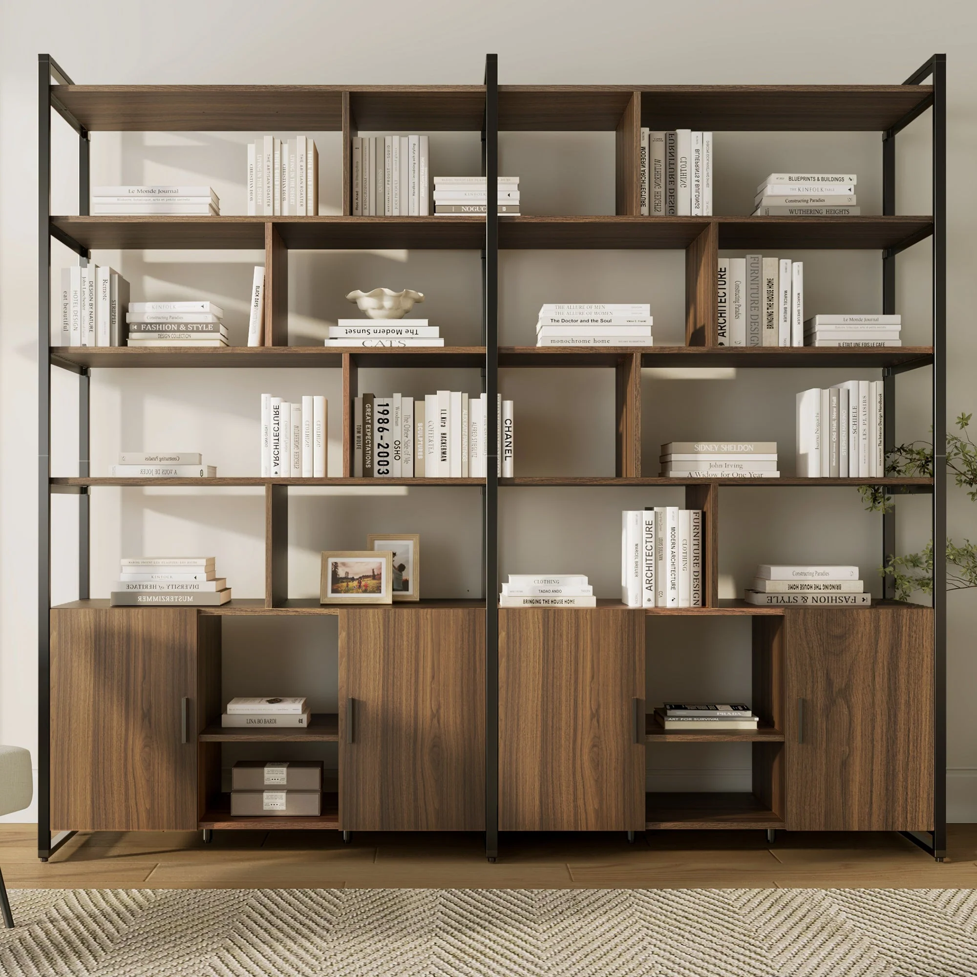 Wood Bookcase Cabinet with Bottom Storage and Adjustable Shelves