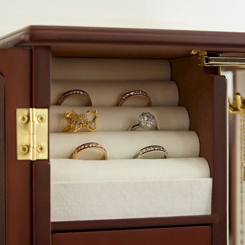 Solid Wooden Jewelry Box with 3-Drawers Built-in Necklace Carousel and Mirror brown - 10*5.2*11.7in