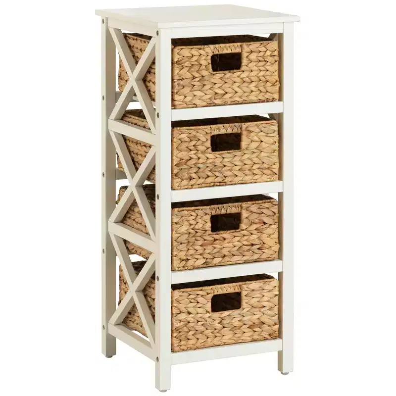 eHemco 4 Tier X-Side Storage End Table with 4 Wicker Baskets