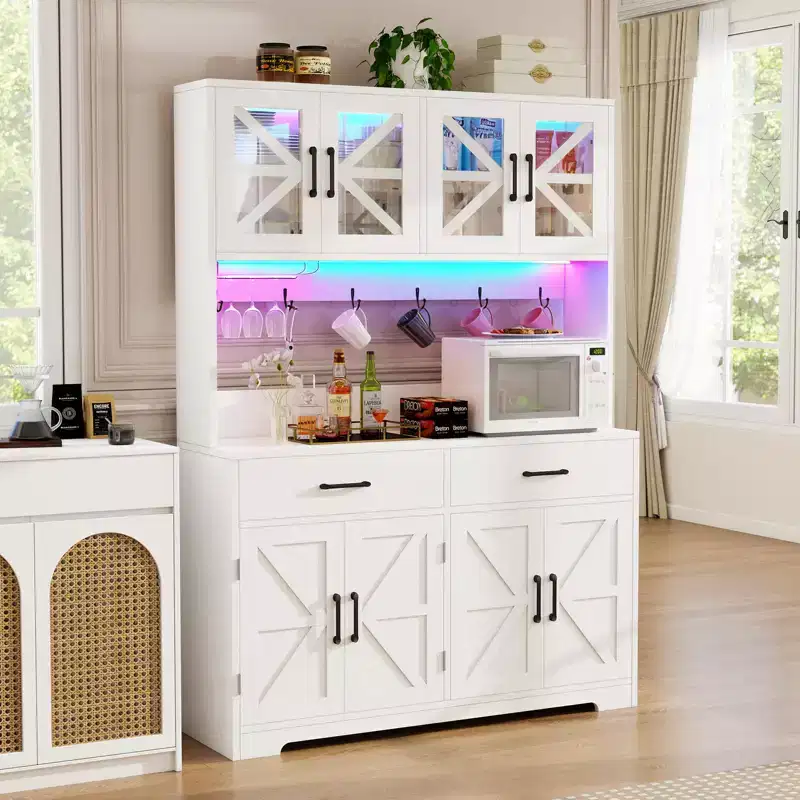 Dyonery 71 LED Kitchen Pantry Cabinet with Power Outlet, Coffee Bar Cabinet, Large Kitchen Storage Buffet Hutch with Door Racks & Shelves