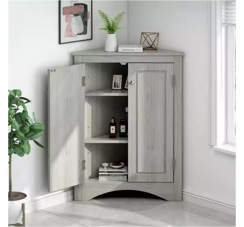 MDF Triangle Bathroom Storage Cabinet with Adjustable Shelves, Freestanding Floor Cabinet for Kitchen & Bathroom,