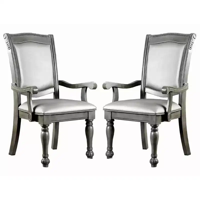Royal Hampton Style Wooden Arm Chair With Leatherette Cushions In Gray, Set Of 2