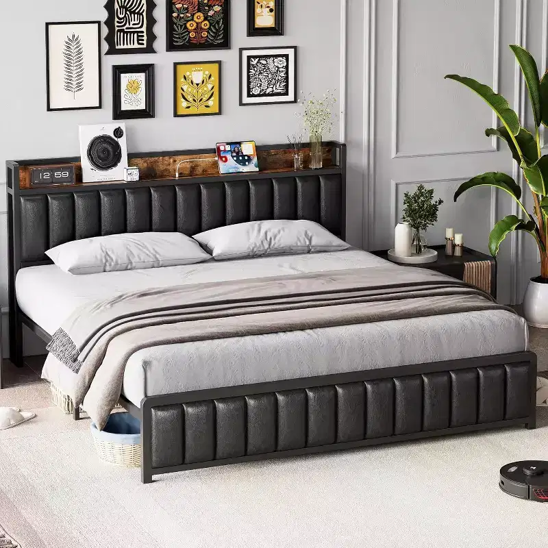 Black Upholstered Platform Bed Frame, Full, 1-Person
