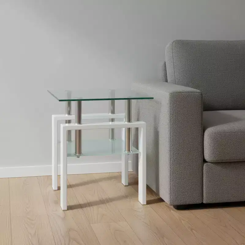 HomeRoots 20 Clear and White Glass and Metal Square End Table With Shelf