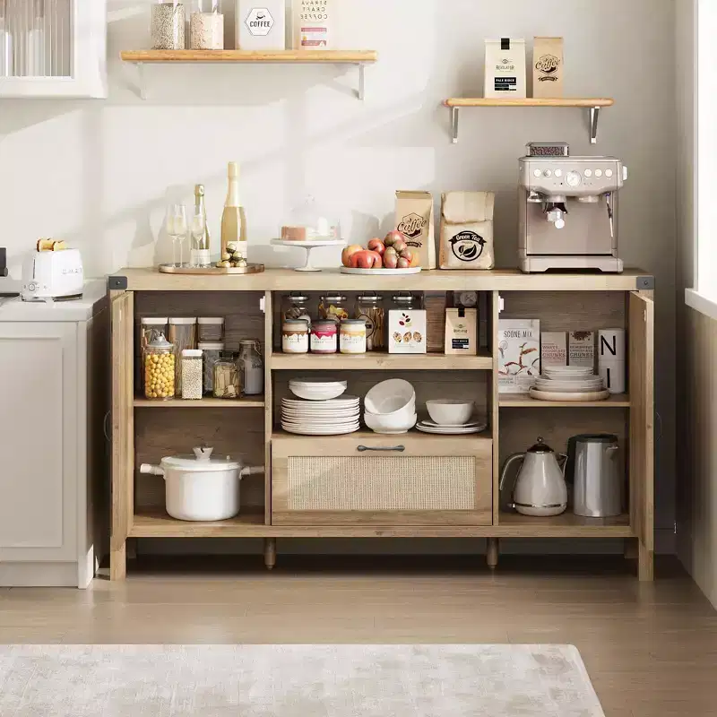 Wood & Rattan Sideboard Cabinet 59.1''W x 18.43''D x 8.07''H