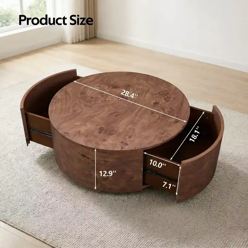 JVNOXK 28.4-Inch Walnut Rotating Coffee Table with 2 Hidden Drawers, 360 Rotatable Tabletop, Natural Wood Grain, for Living Room, Walnut