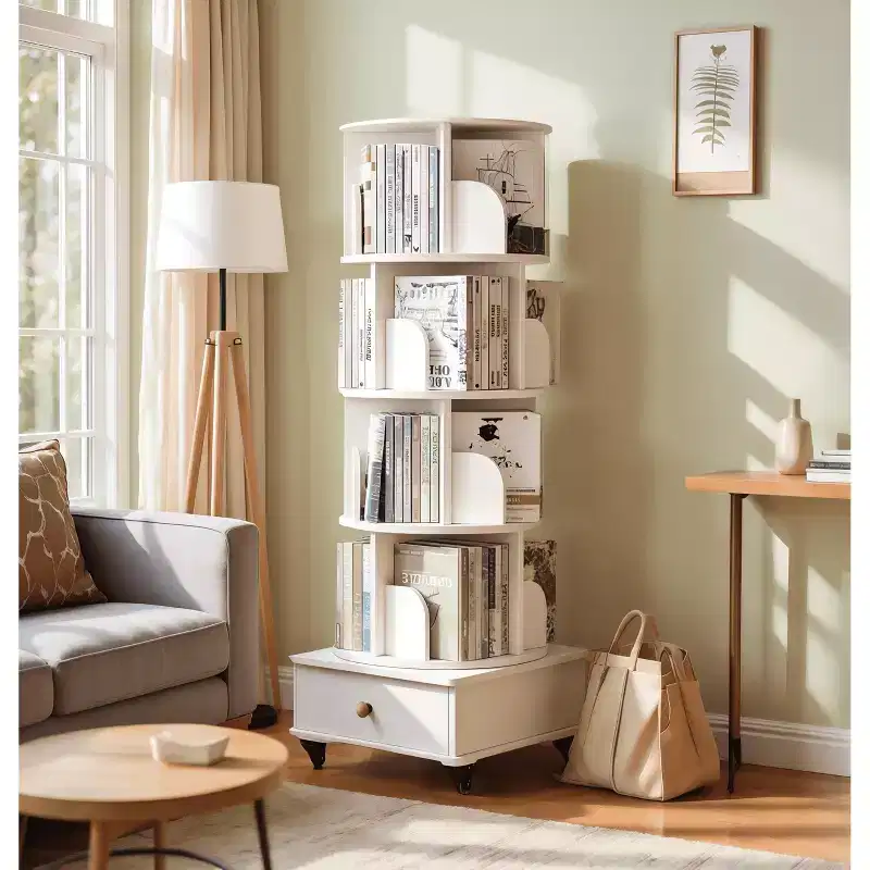 MAYEERTY 360 Display 5 Tier Corner Bookshelf with Drawer for Small Space Floor Standing Bookcase Storage Rack for Living Room Walnut
