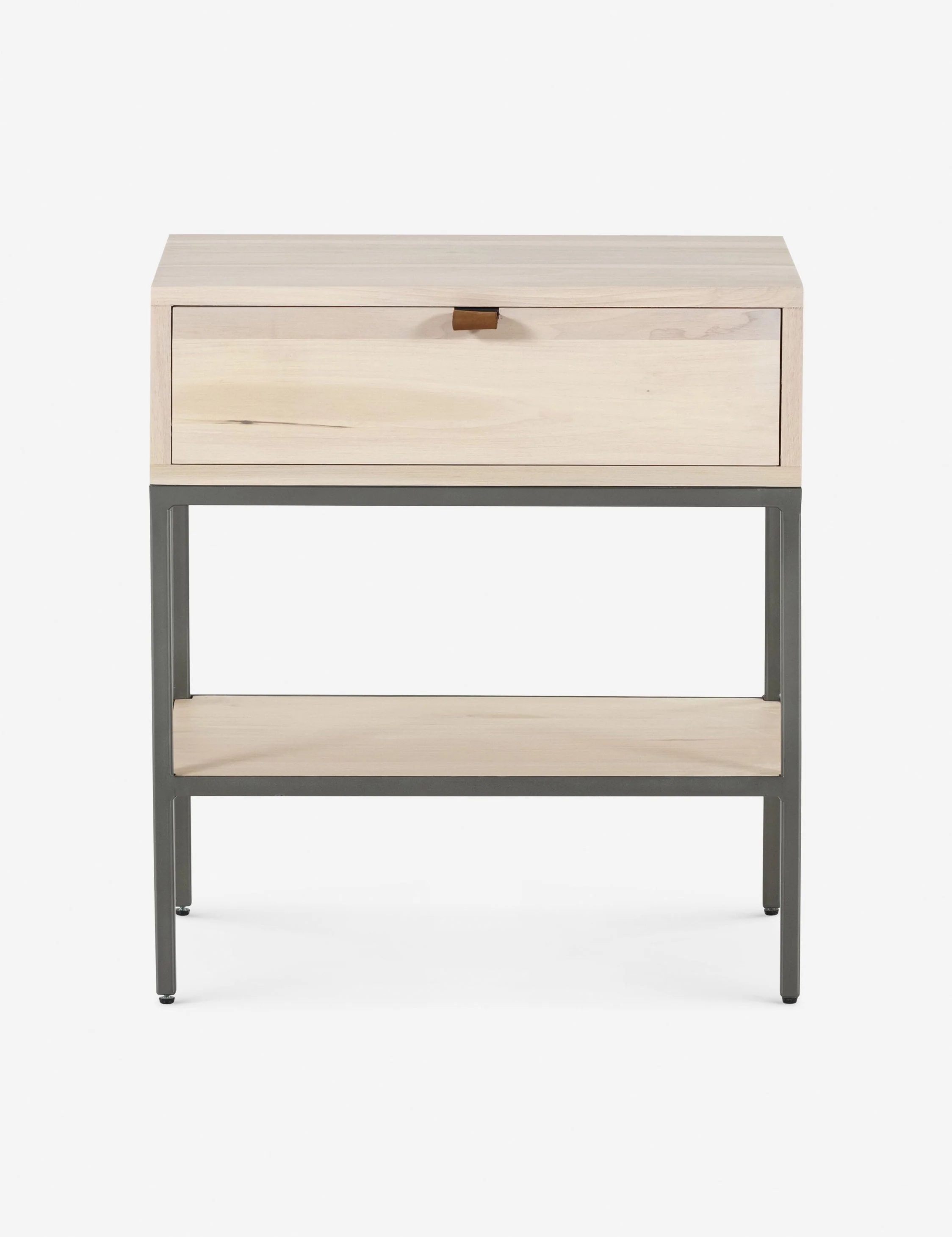 Nightstand Keep your bedroom style grounded (and clutter-free) with this wooden nightstand. Featuring mid-century aesthetics with a slim iron base