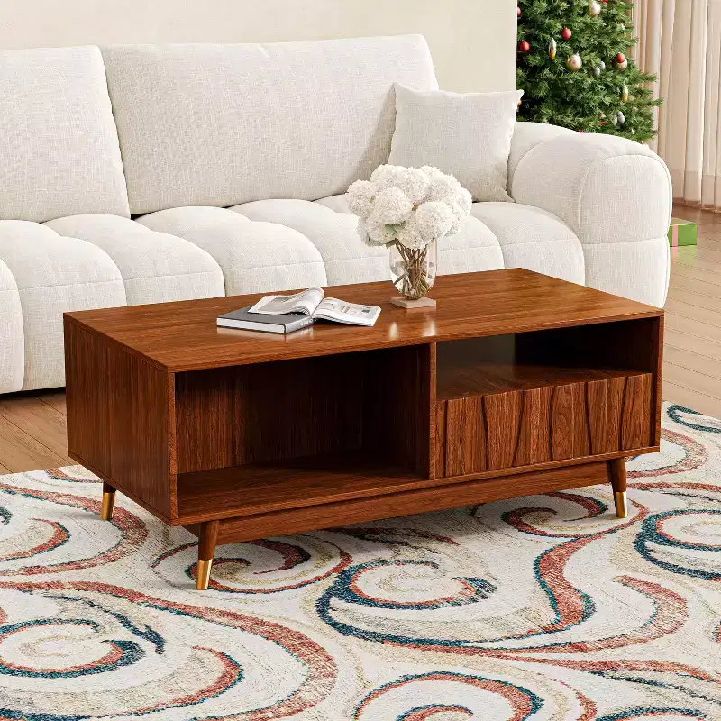 ATJafurn 47.2'' Walnut Coffee Table with Storage and Open Shelf, Mid-century Modern Wood Coffee Table with Gold Metal Detail, For Living Room