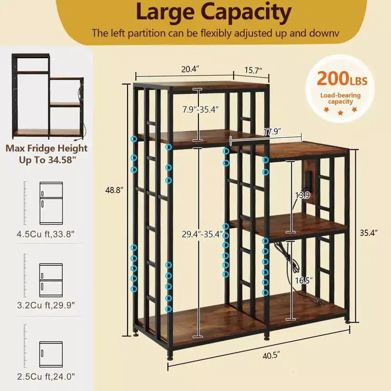 6-Tier Adjustable Mini Fridge Stand with 3 Power Outlets - Heavy Duty Kitchen Rack & Coffee Bar Organizer - 360lb Capacity - Dorm & Apartment