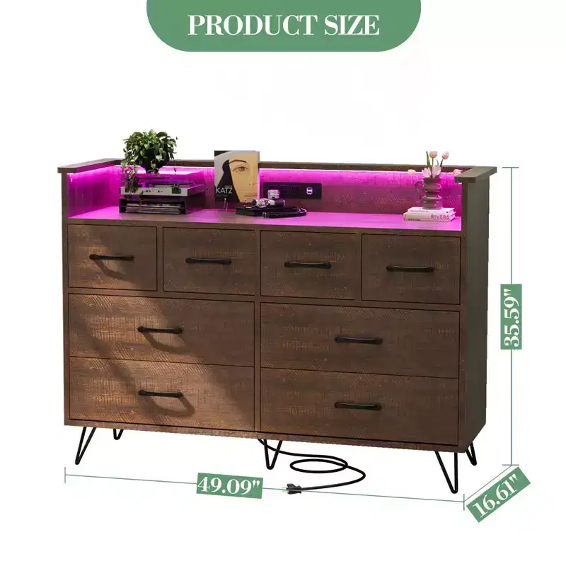 COZONY Dresser TV Stand 8-Drawer Wooden Entertainment Center with LED Light Charging Station Wide Storage for Bedroom Living Room