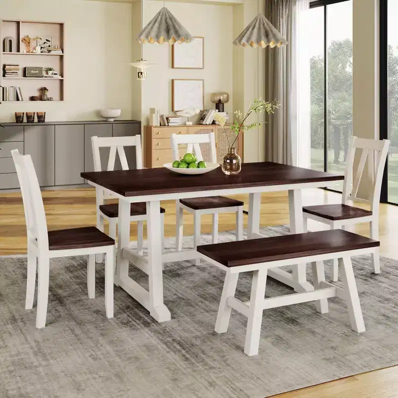 Whisen 6-Piece Wood Kitchen Dining Table Set for 6-Person, Rectangle Kitchen Dining Table & 4 Side Chairs, Long Bench