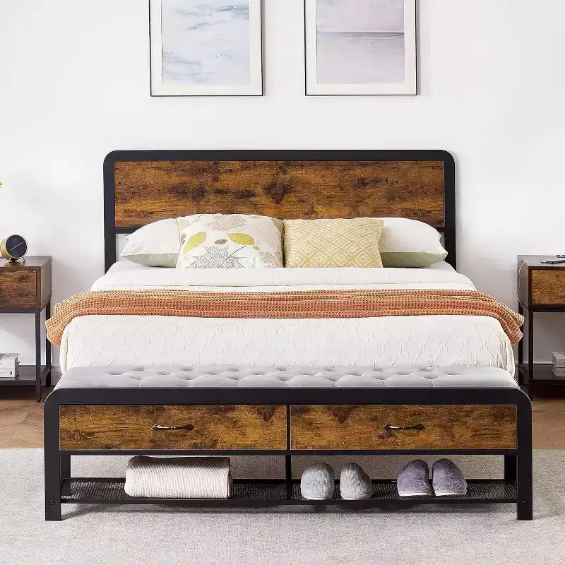 Bed Frame with Ottoman Storage Drawers, Rustic Headboard, Metal Slats, No Box Spring Required