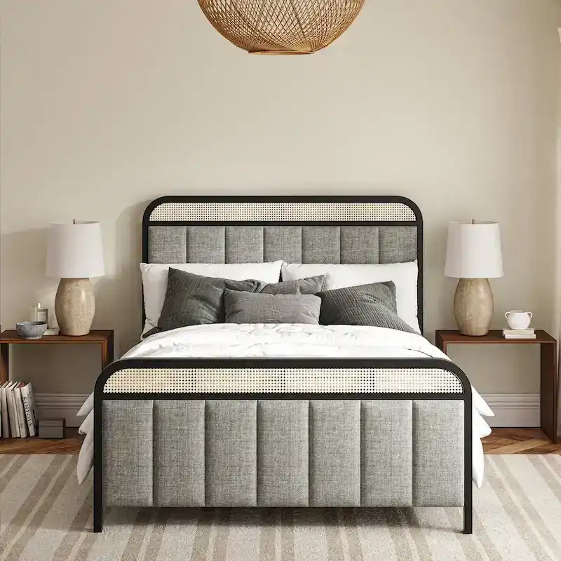Alphons Modern Solid Wood Frame Ratten Bed with LED Headboard by HULALA HOME