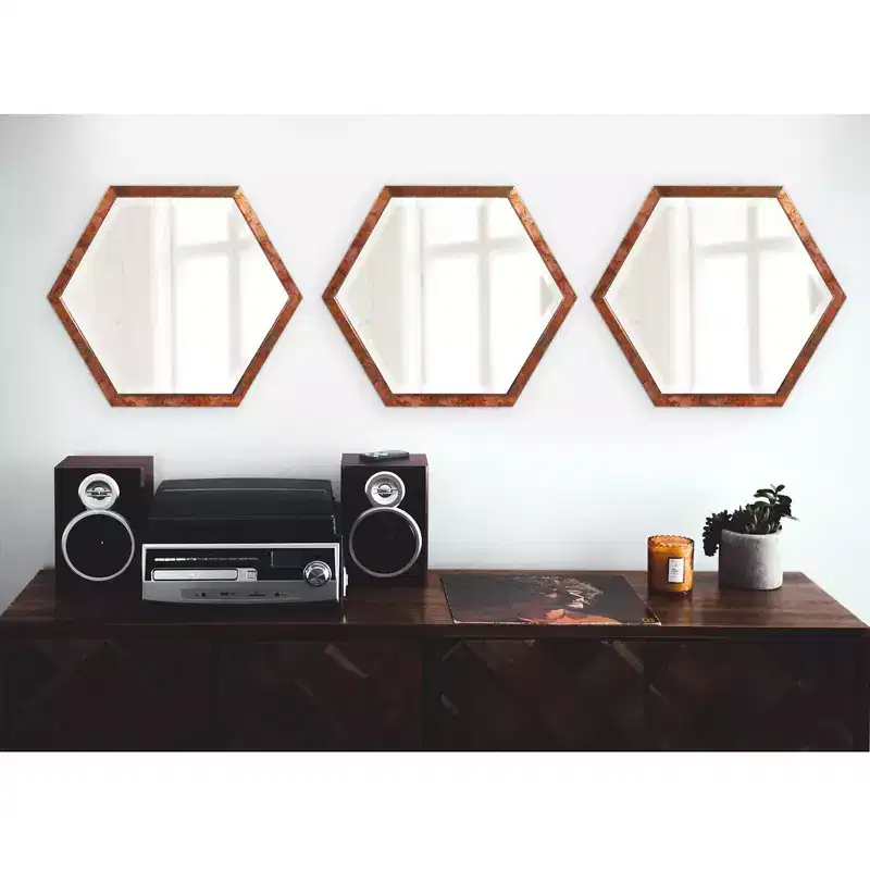 Octagon Wood Framed Wall Mirror, Copper Finish