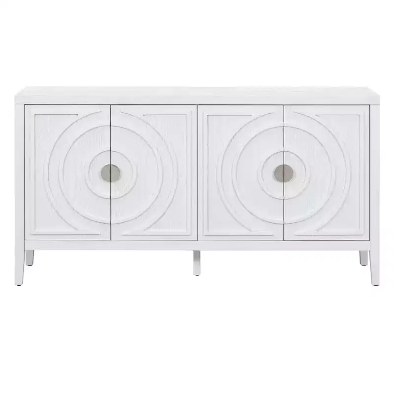 Hostack Retro Sideboard with Circular Groove Design, Round Metal Door Handle for Entrance, Dinning and Living Room, White
