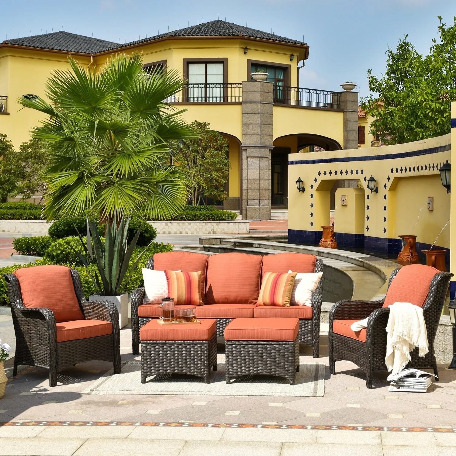 OVIOS 5-piece Patio Wicker High Back Conversation Set