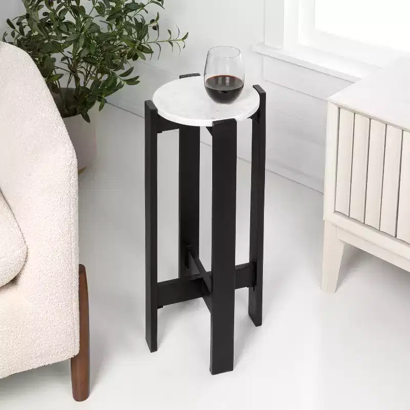 JONATHAN Y Elena 24 Minimalist Structured Wood Drink Table & Decorative End Table with White Marble Round Top