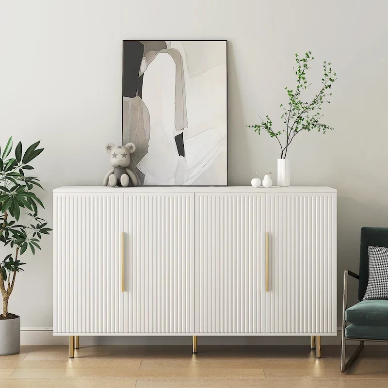 Buffet Cabinet with Fluted Decorative Doors, Wood Sideboard Cabinet with Metal Handles, Storage Cabinet with Adjustable Shelves