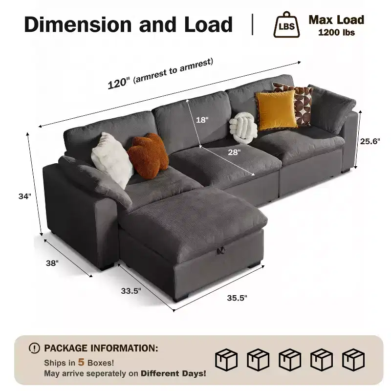 Dyonery 120 Modular Sectional Sofa, Down Filled Cloud Couch with Storage Ottoman, Oversized L Shaped Couch with 2 Pillows, 3 Seats Couches , Beige
