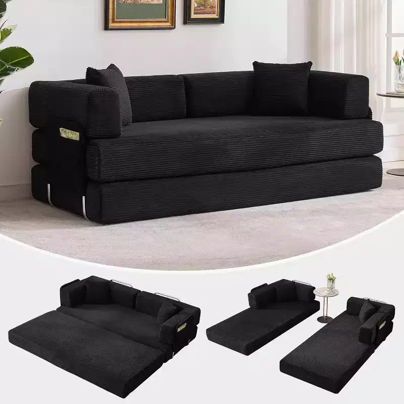 Convertible Couch, Folding Sofa Bed with 2 Pillows, Plush Corduroy Boneless Convertible Sofa, No Assembly Required for Living Room, Bedroom
