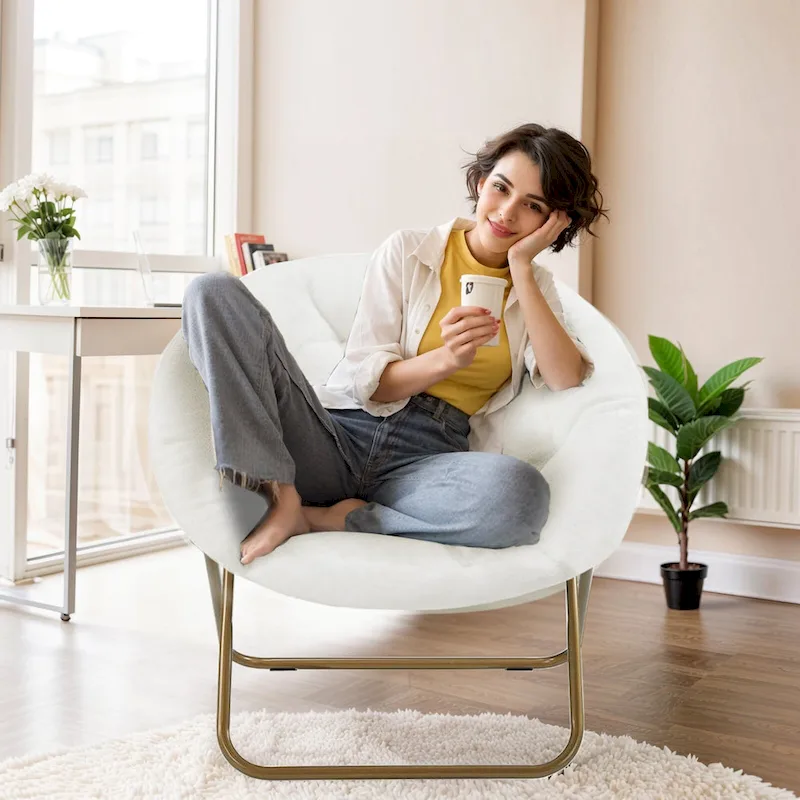 Foldable Saucer Chair with Faux Fur Cushion