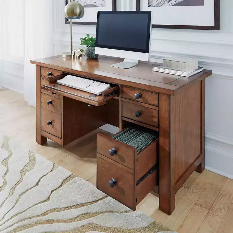 Tahoe Executive Pedestal Desk - Aged Maple - Home Styles: Hardwood, Mid-Century Modern Office Furniture