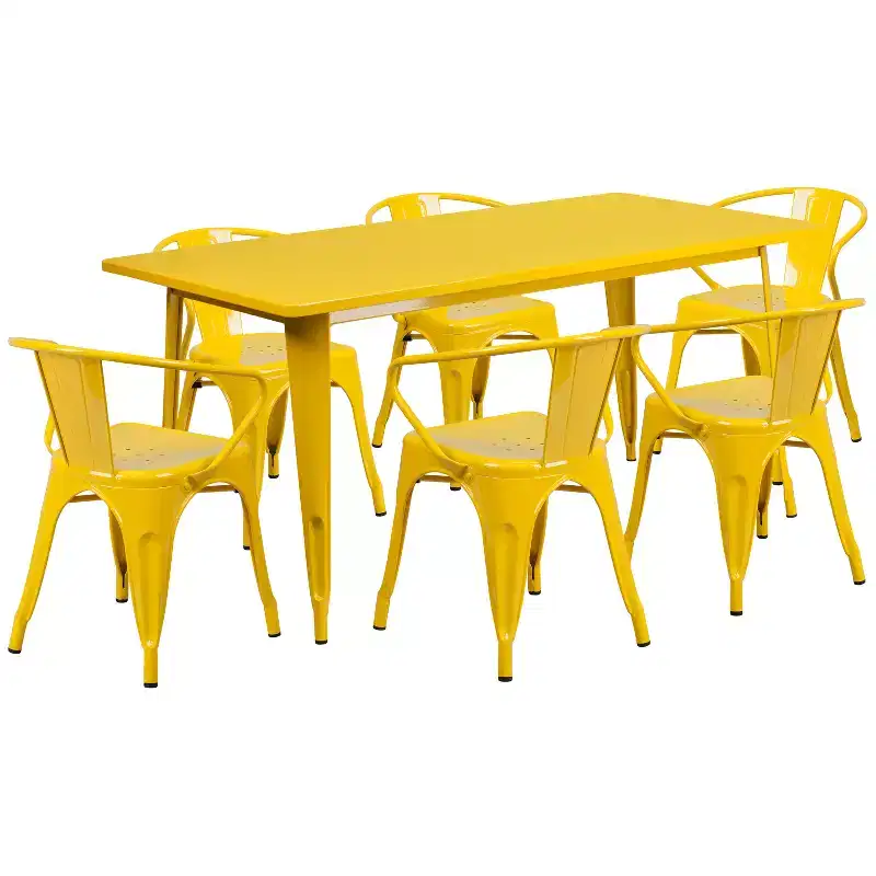 Flash Furniture Commercial Grade 31.5 x 63 Rectangular Metal Indoor-Outdoor Table Set with 6 Arm Chairs