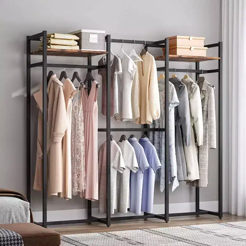 Lantine Heavy Duty Garment Rack with Shelves and Hanging Rod, Free Standing Closet Organizer for Hallway, Bedroom, Dark Black, Max Load 500Lbs