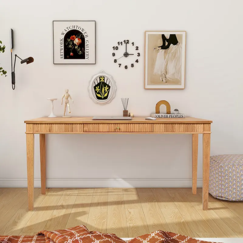 Natural Blonde Fluted Rubberwood Writing Desk with 1 Drawer and Gold Pulls for 1 Person