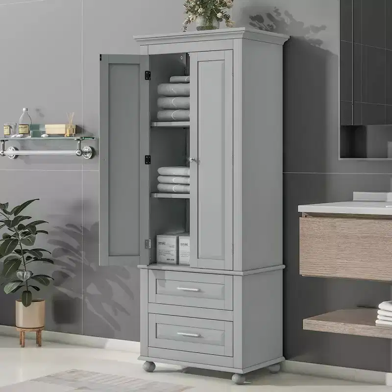 Tall Storage Cabinet with Adjustable Shelf and Two Drawers