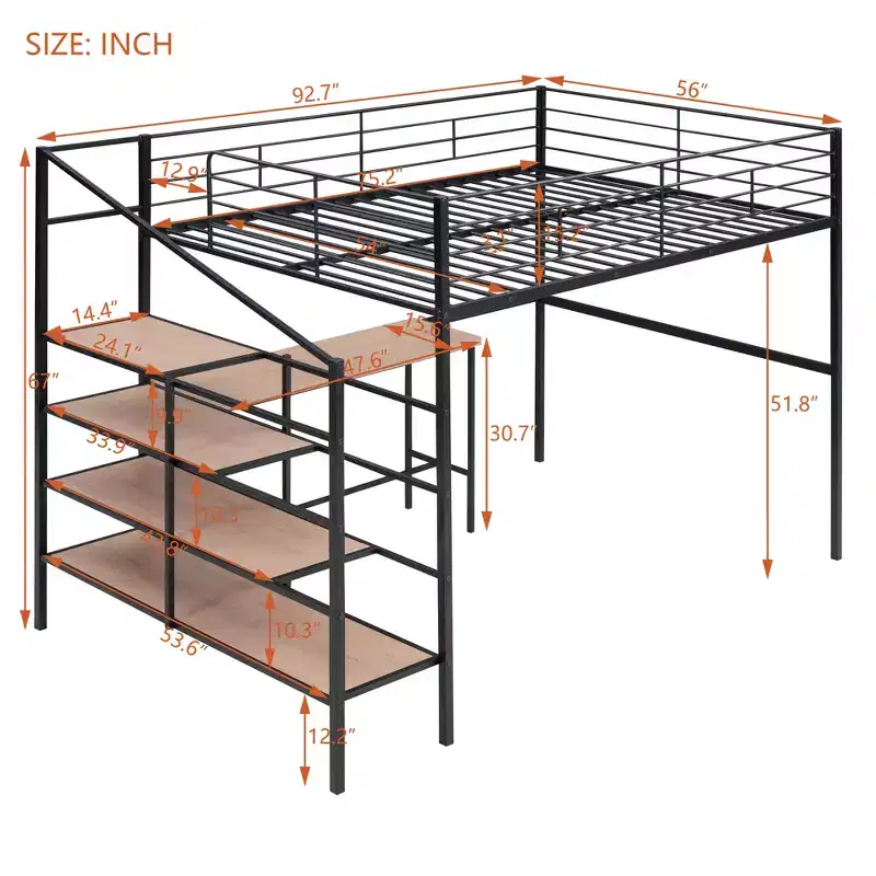 High Full Size Loft Bed with Stairs, Metal Loft Bed with Desk, Full Loft Bed Frame with Lateral Storage Ladder