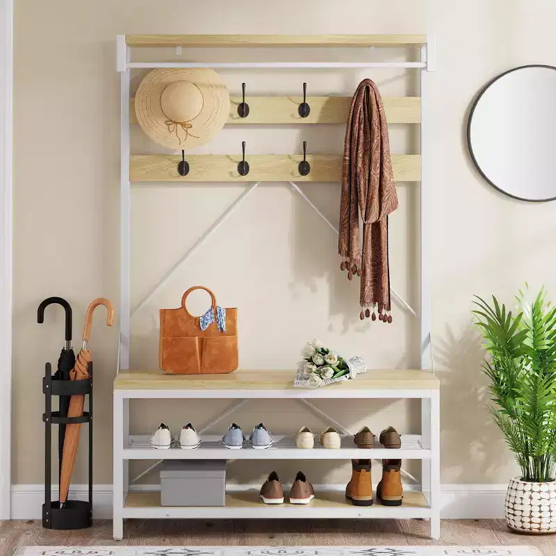 COZONY Coat Rack Shoe Bench, 8 Hooks, Storage Shelf, Wood Look Accent, Entryway Organizer