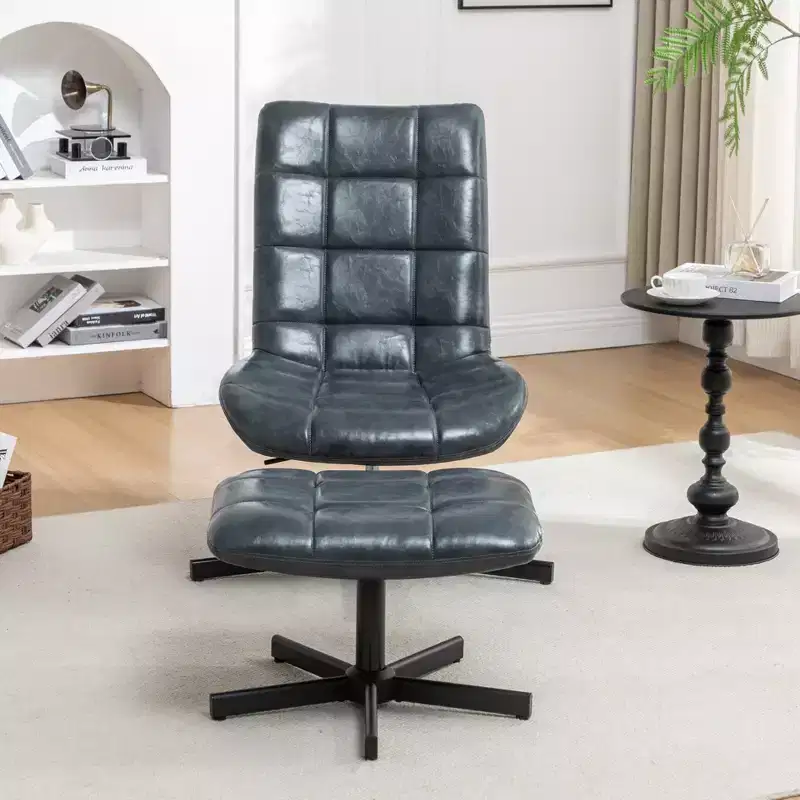 GDFStudio Mora 2 Piece Faux Leather Tufted Accent Chair and Ottoman Set with Metal Base