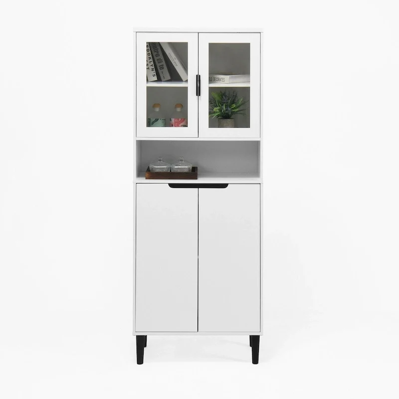 Tall Storage Show Cabinet with 2 Glass Display Door & 2 Doors